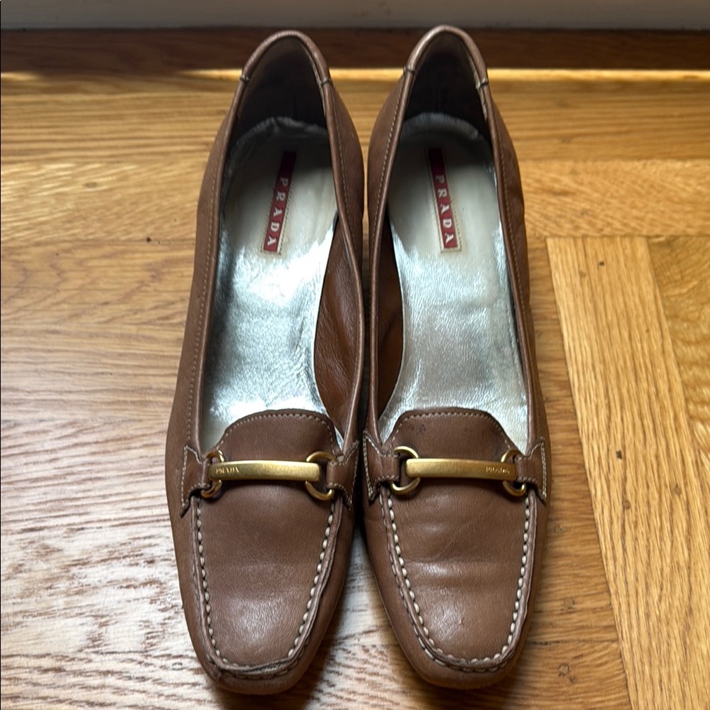 Prada Cognac Leather Gold Bar Kitten Heel Loafers